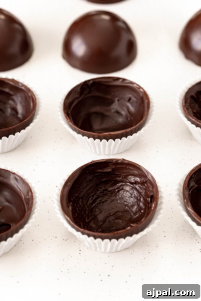 Berry Burst Hot Cocoa Spheres 14 Chocolate sphere in a white cupcake liner, ready for filling.