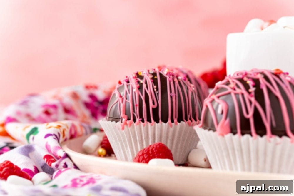 Berry Burst Hot Cocoa Spheres 17 Several chocolate balls with pink frosting and sprinkles on it, ready for gifting or serving.