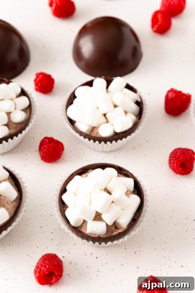 Berry Burst Hot Cocoa Spheres 18 A group of raspberry hot chocolate bombs with marshmallows and fresh raspberries for garnish.