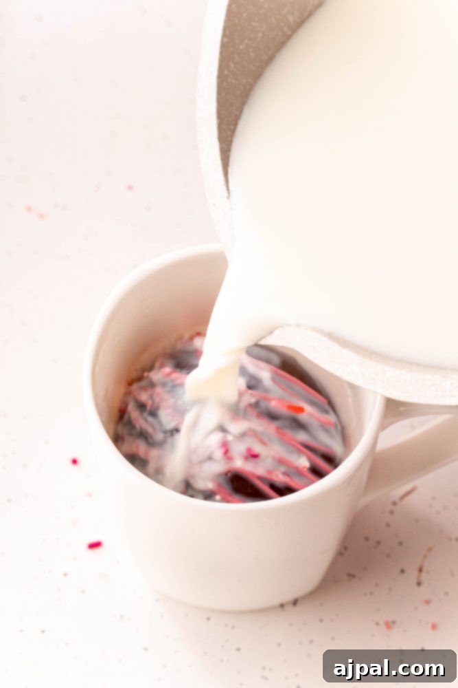 Berry Burst Hot Cocoa Spheres 20 Warm milk being poured into a mug over a raspberry hot chocolate bomb.