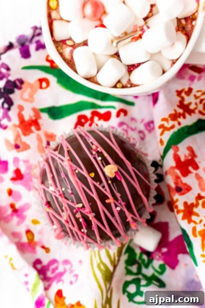 Berry Burst Hot Cocoa Spheres 22 A beautiful cup of hot chocolate, garnished with a pink-frosted chocolate ball and sprinkles.