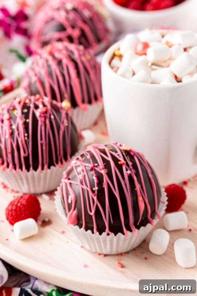 Berry Burst Hot Cocoa Spheres 4 Several raspberry hot chocolate bombs with pink frosting and sprinkles on them.