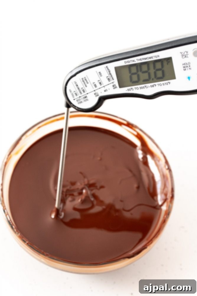 Berry Burst Hot Cocoa Spheres 8 Tempered chocolate in a glass bowl with a thermometer showing 89.8 degrees F.