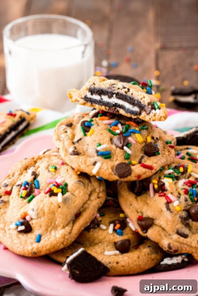 Simple Oreo Stuffed Chocolate Chip Cookies 2 chocolate chip cookie with an oreo baked inside it and sprinkles on it