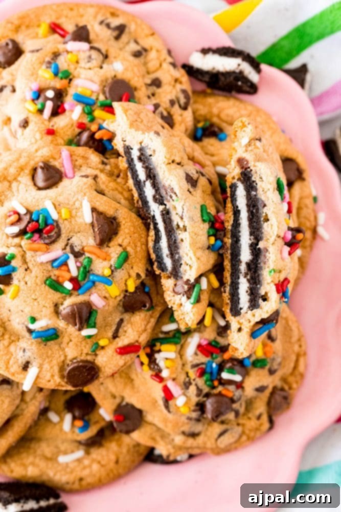Simple Oreo Stuffed Chocolate Chip Cookies 9 chocolate chip cookie with an oreo baked inside it and sprinkles on it
