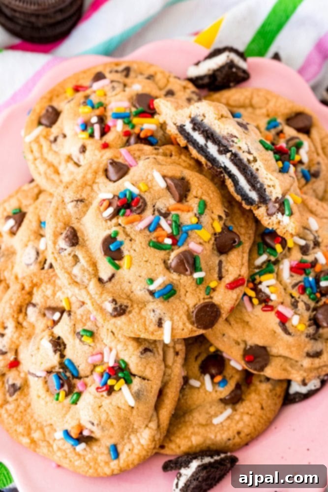 Simple Oreo Stuffed Chocolate Chip Cookies 10 chocolate chip cookie with an oreo baked inside it and sprinkles on it