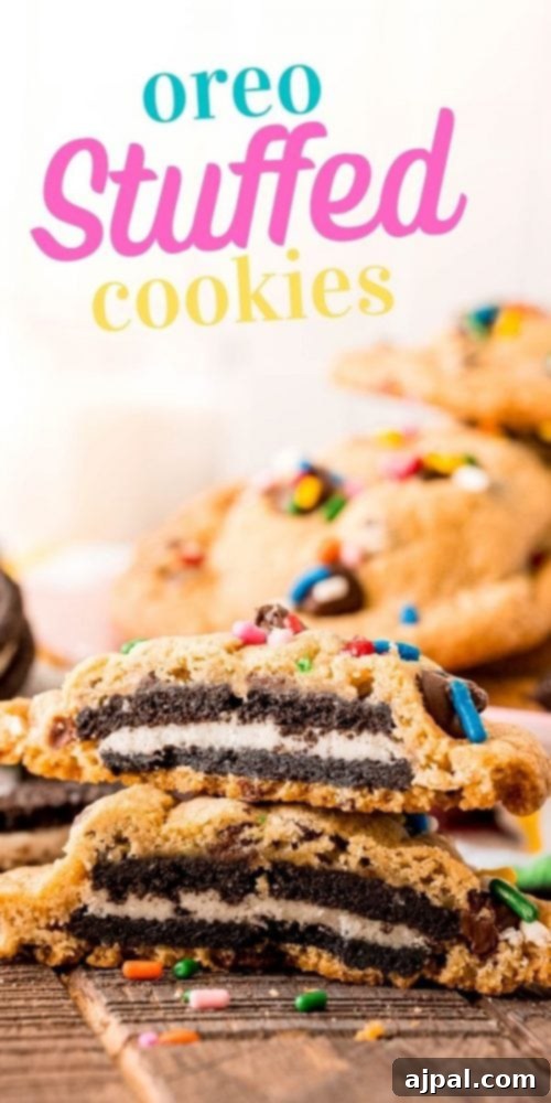 Simple Oreo Stuffed Chocolate Chip Cookies 11 chocolate chip cookie with an oreo baked inside it and sprinkles on it