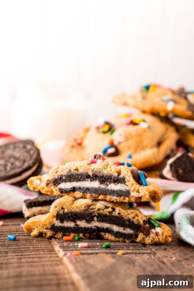 Simple Oreo Stuffed Chocolate Chip Cookies 3 chocolate chip cookie with an oreo baked inside it and sprinkles on it