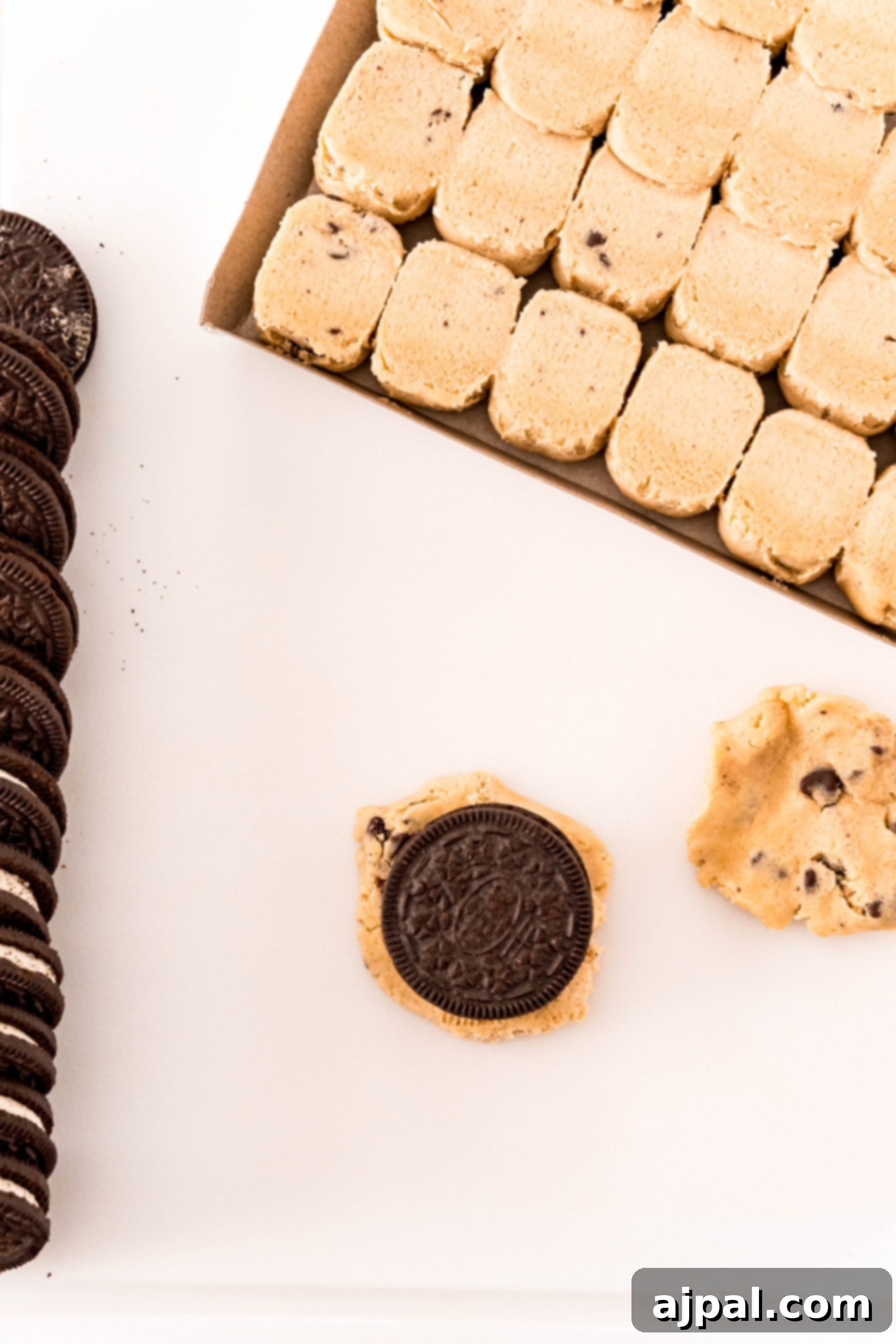 Simple Oreo Stuffed Chocolate Chip Cookies 4 Oreo cookies on a white plate next to a box of Oreos, showcasing easy Oreo-stuffed cookies.