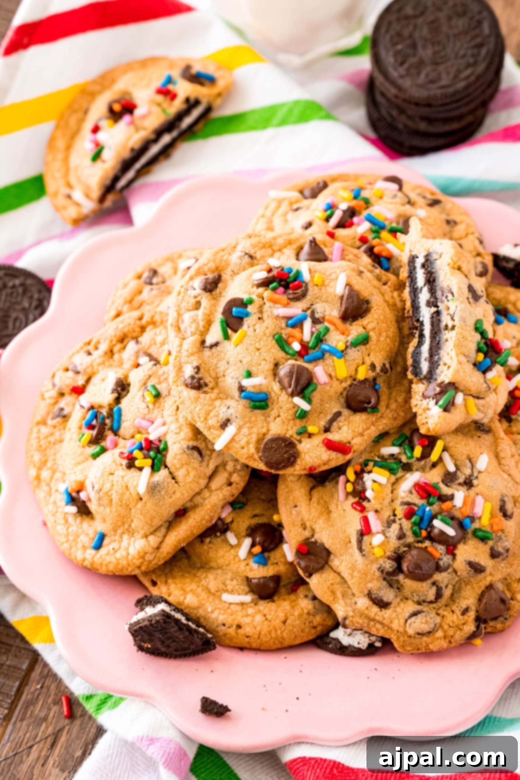 Simple Oreo Stuffed Chocolate Chip Cookies 7 Easy stuffed Oreo cookies with sprinkles on a pink plate.