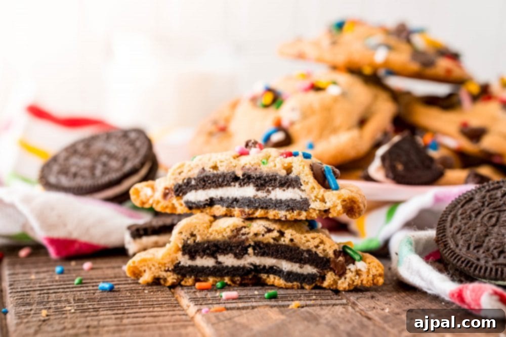 Simple Oreo Stuffed Chocolate Chip Cookies 8 chocolate chip cookie with an oreo baked inside it and sprinkles on it