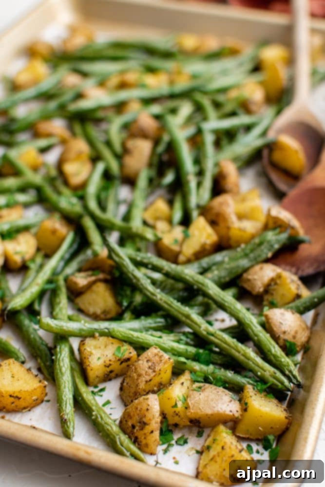Savory Herb Roasted Green Beans and Potatoes 5 sheet pan with green beans and potatoes roasted on it