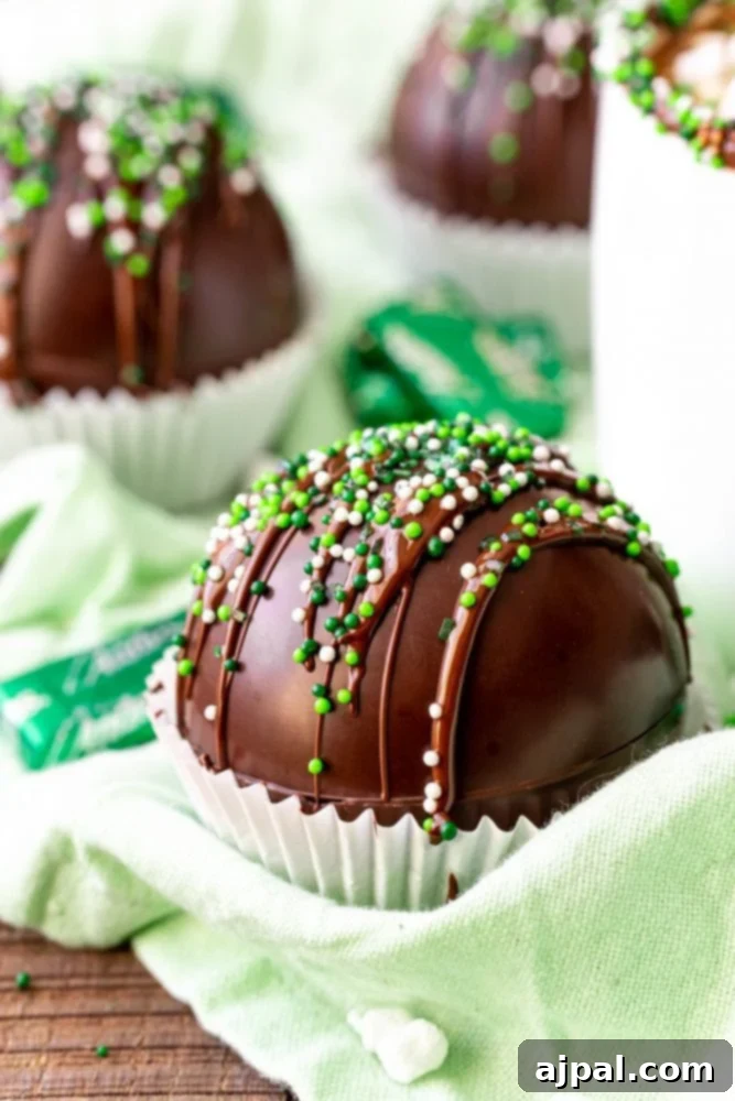 chocolate bomb in a cupcake liner with green sprinkles