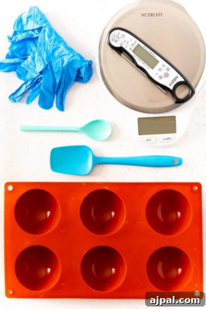silicone mold, gloves, spatula, spoon, temperature gauge, gloves