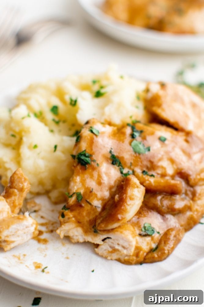Creamy Garlic Chicken Made Simple 14 A plate of creamy garlic chicken with mashed potatoes, garnished with parsley