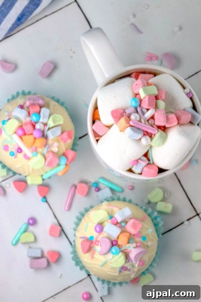 Magical White Chocolate Lucky Charms Bombs 6 white chocolate hot chocolate bomb in a blue cupcake wrapper with lucky charms marshmallows and sprinkles on top next to a mug with cocoa, sprinkles, and marshmallows in it