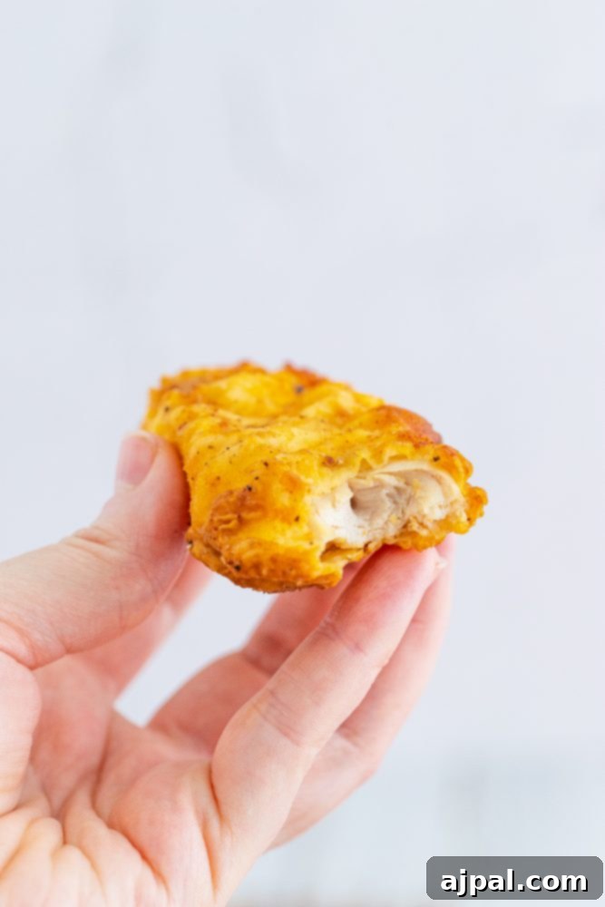 A hand holding up a perfectly crispy, air-fried chicken tender, showing off its golden exterior.