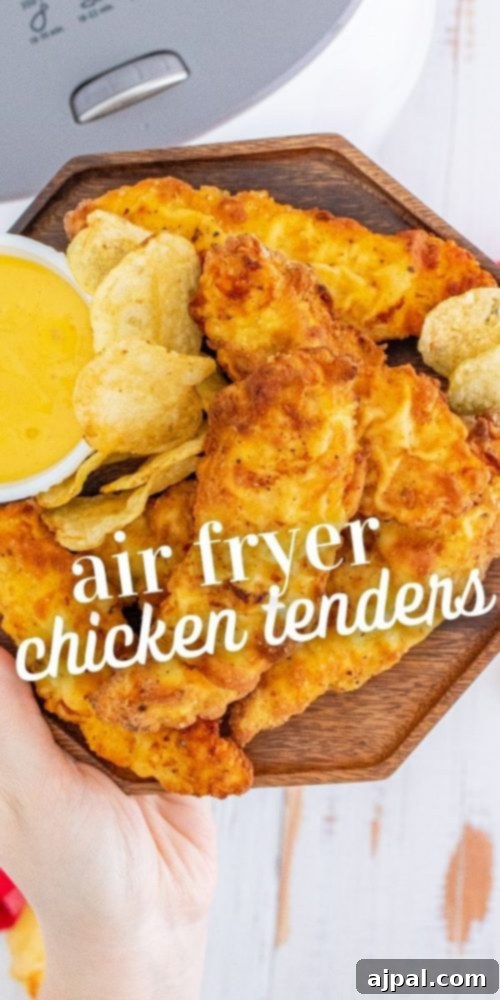 A plate of golden, crispy air fryer chicken tenders with dipping sauce, showcasing their perfect texture.