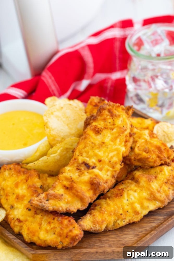 Crispy Air Fryer Chicken Tenders served with dipping sauce and fresh herbs on a wooden board.