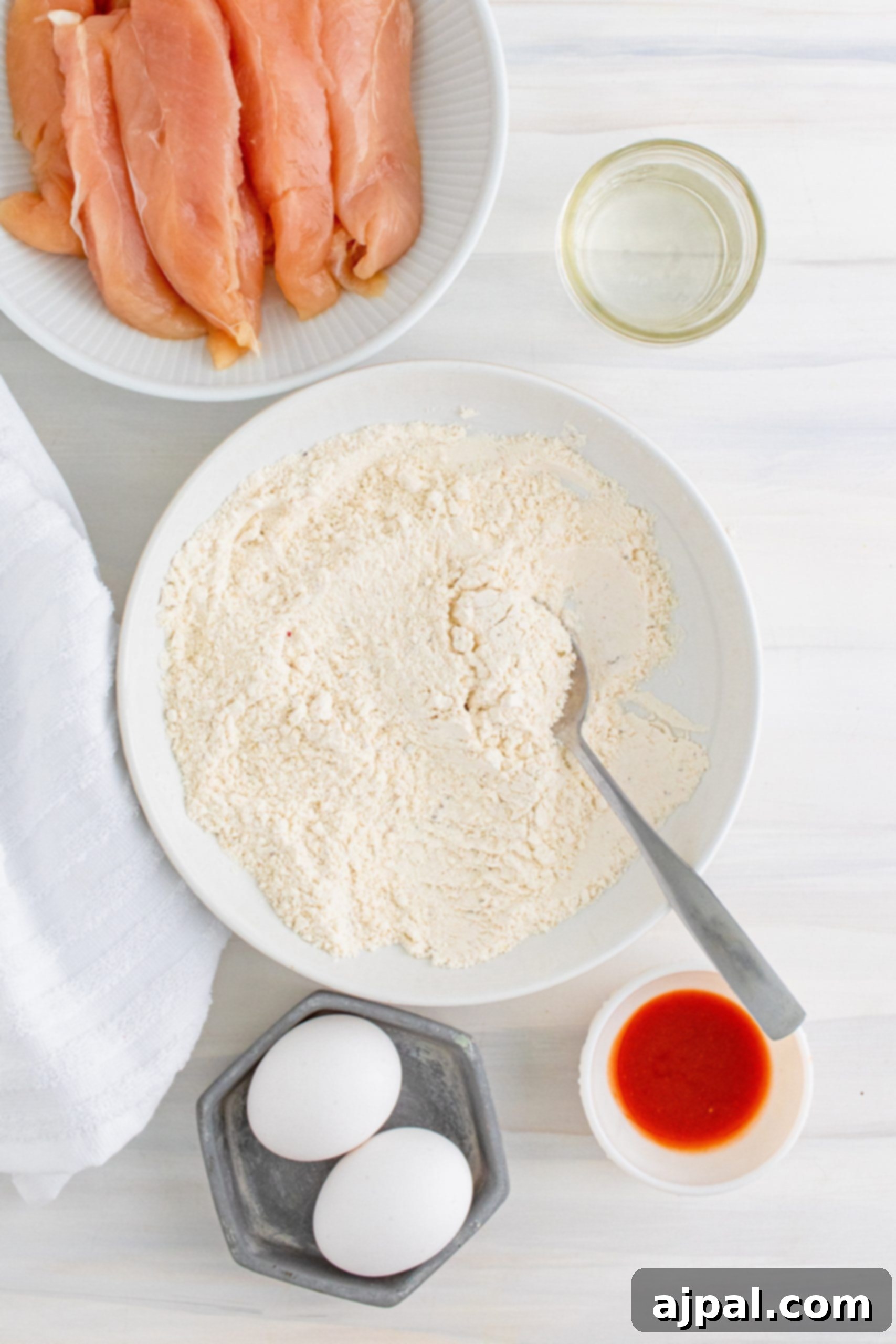 A selection of raw chicken tender ingredients laid out on a clean white table.