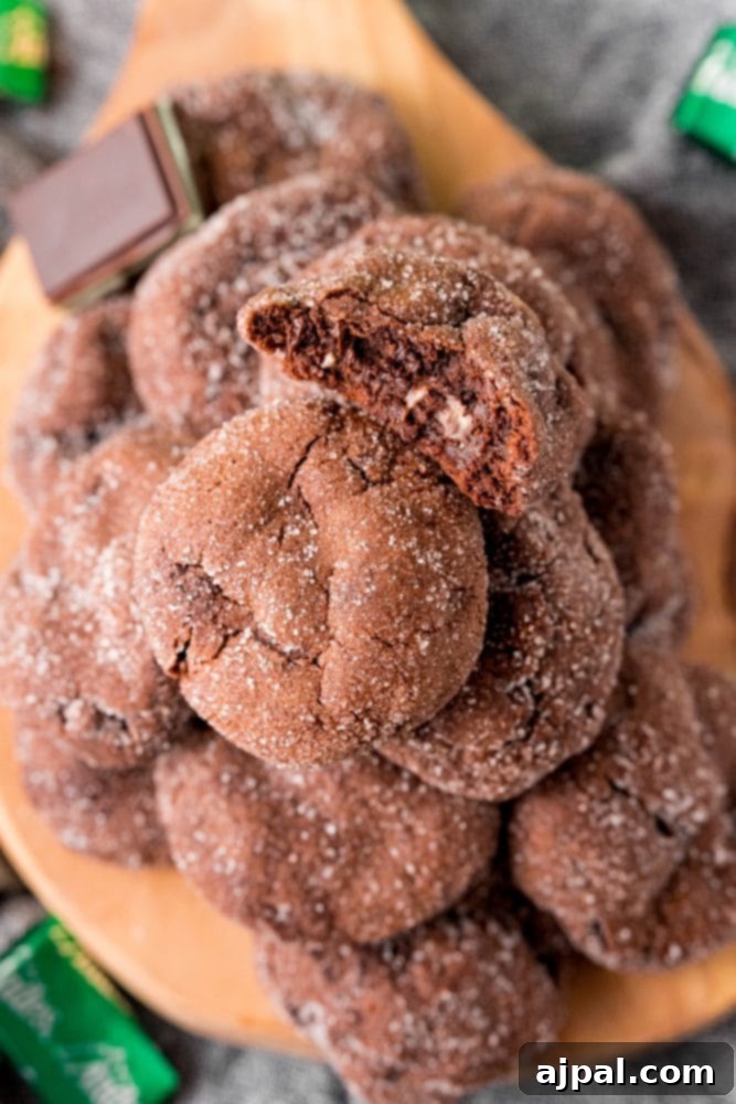 Andes Mint Lava Cookies 3 stack of chocolate cookies on a board