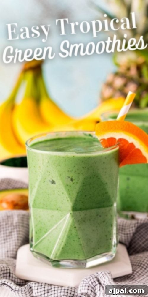 Sunshine Green Smoothie Boost 8 picture of green tropical smoothie with an orange slice and yellow straw