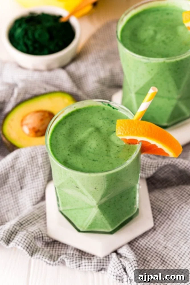 Sunshine Green Smoothie Boost 3 Easy Tropical Green Smoothie Recipe with avocados and oranges.