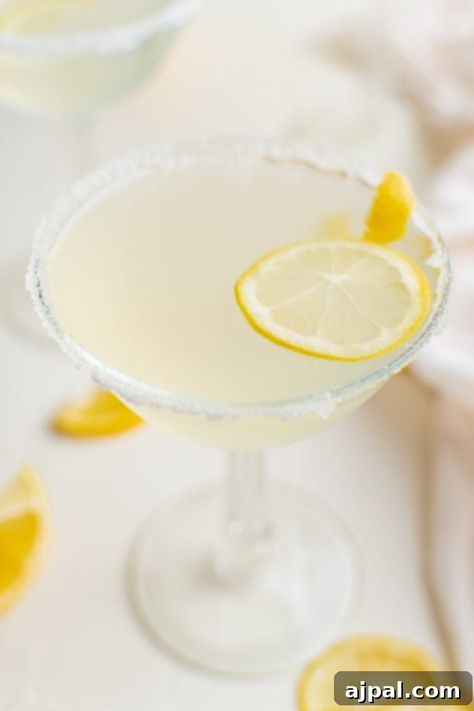 Zesty Lemon Drop Martini Recipe 2 light yellow drink with sliced lemon and salt around the rim