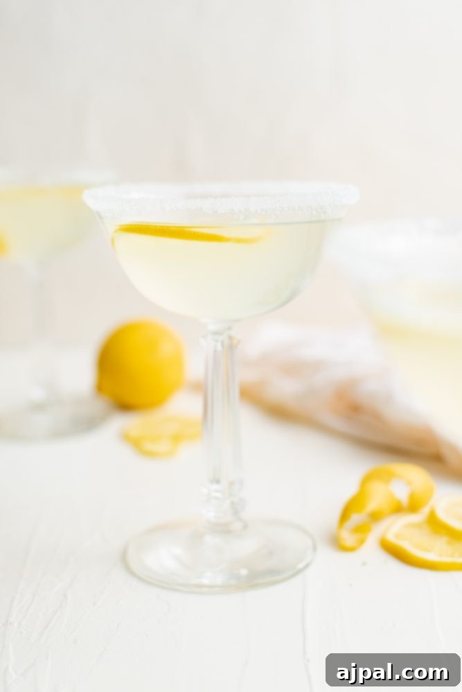 Zesty Lemon Drop Martini Recipe 8 light yellow drink with sliced lemon and salt around the rim