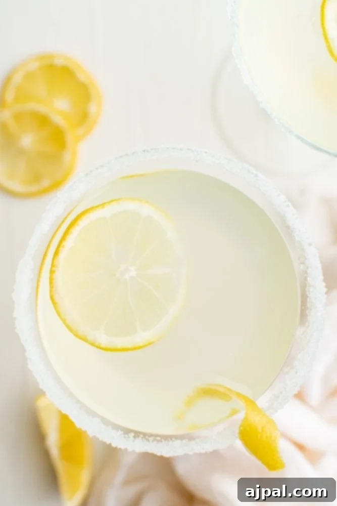 A pristine martini glass, elegantly rimmed with sugar and garnished with a lemon twist, awaiting its delicious Lemon Drop Martini.