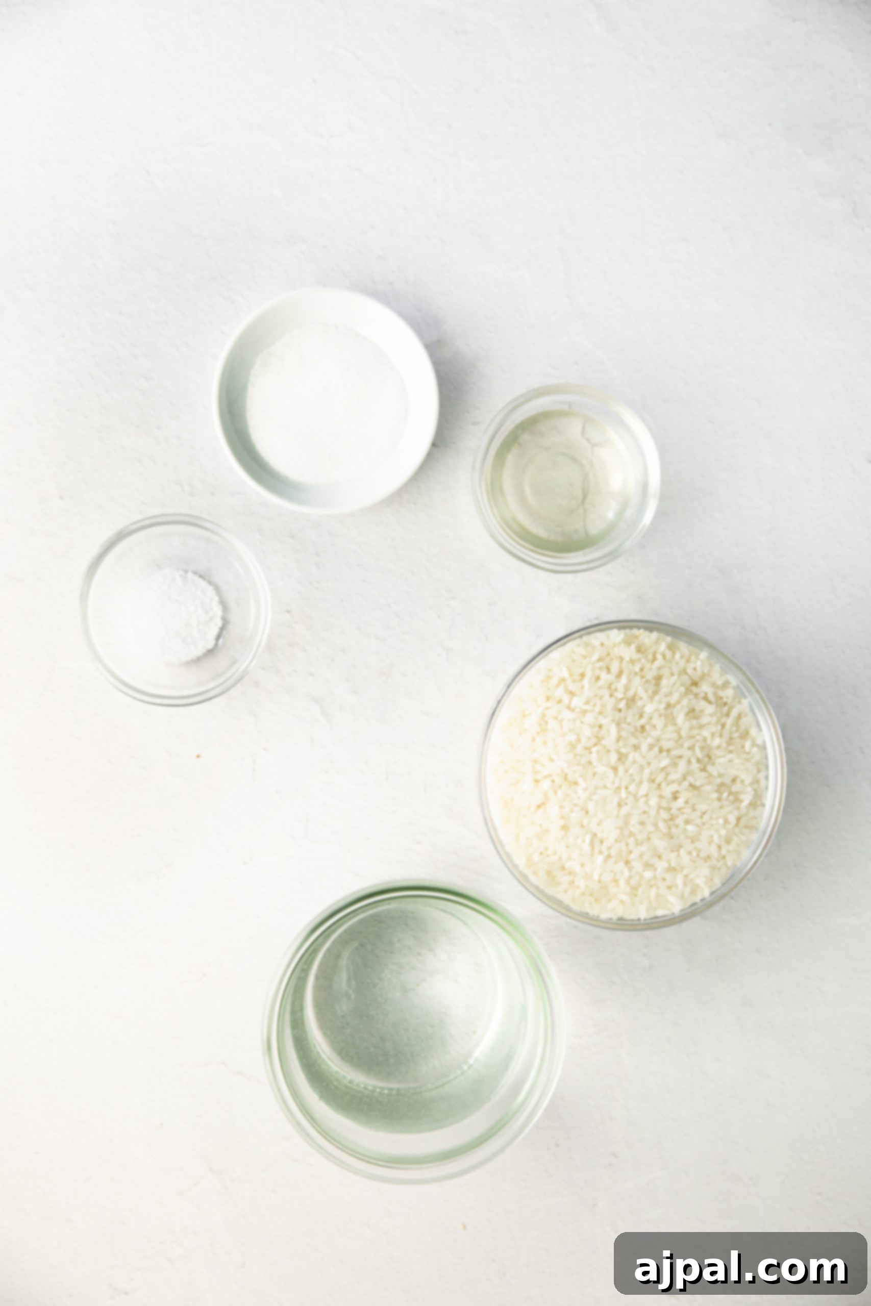 Ingredients for Easy Vegan Sushi: a bowl of sushi rice and a small bowl of kosher salt, ready for preparation.