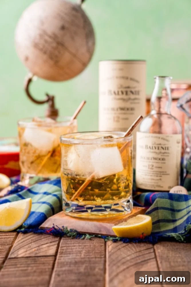 A glass of Scotch whisky, illustrating the rich amber hue before mixing into a soda.