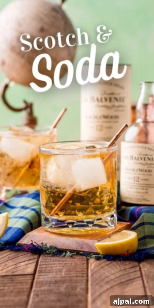 A striking overhead view of a Scotch and Soda, capturing the perfect balance of ingredients in a tall glass, set against a rustic wooden background.