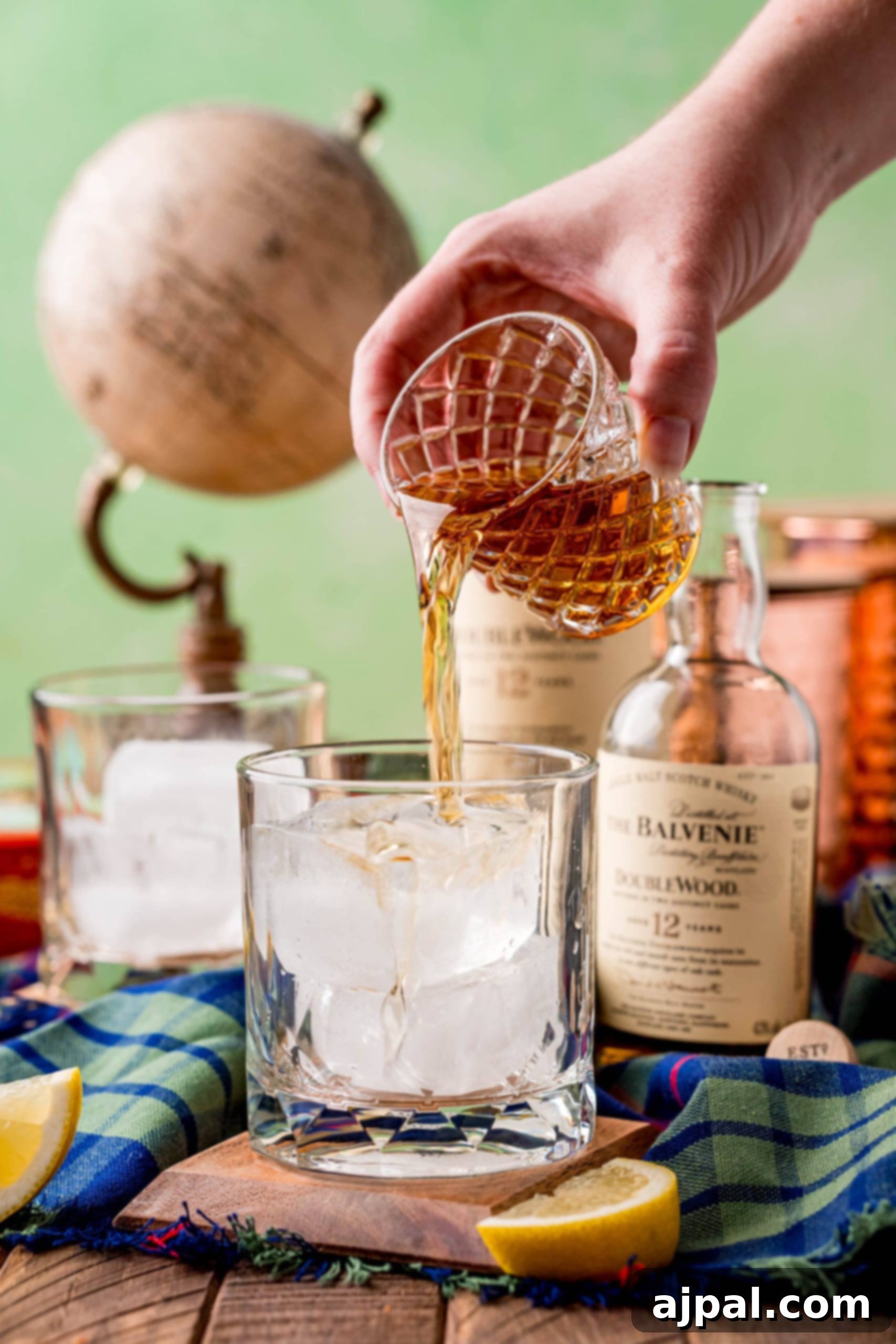 A person pouring the perfect scotch for a scotch and soda drink.