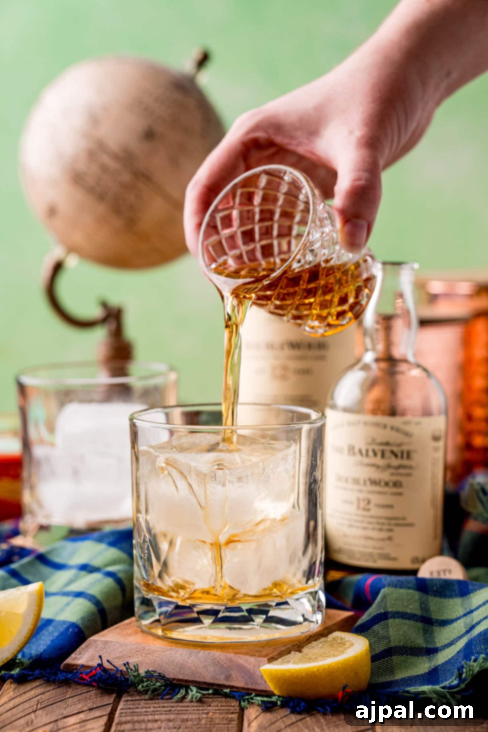 A person pouring scotch whiskey into a glass on a wooden table.