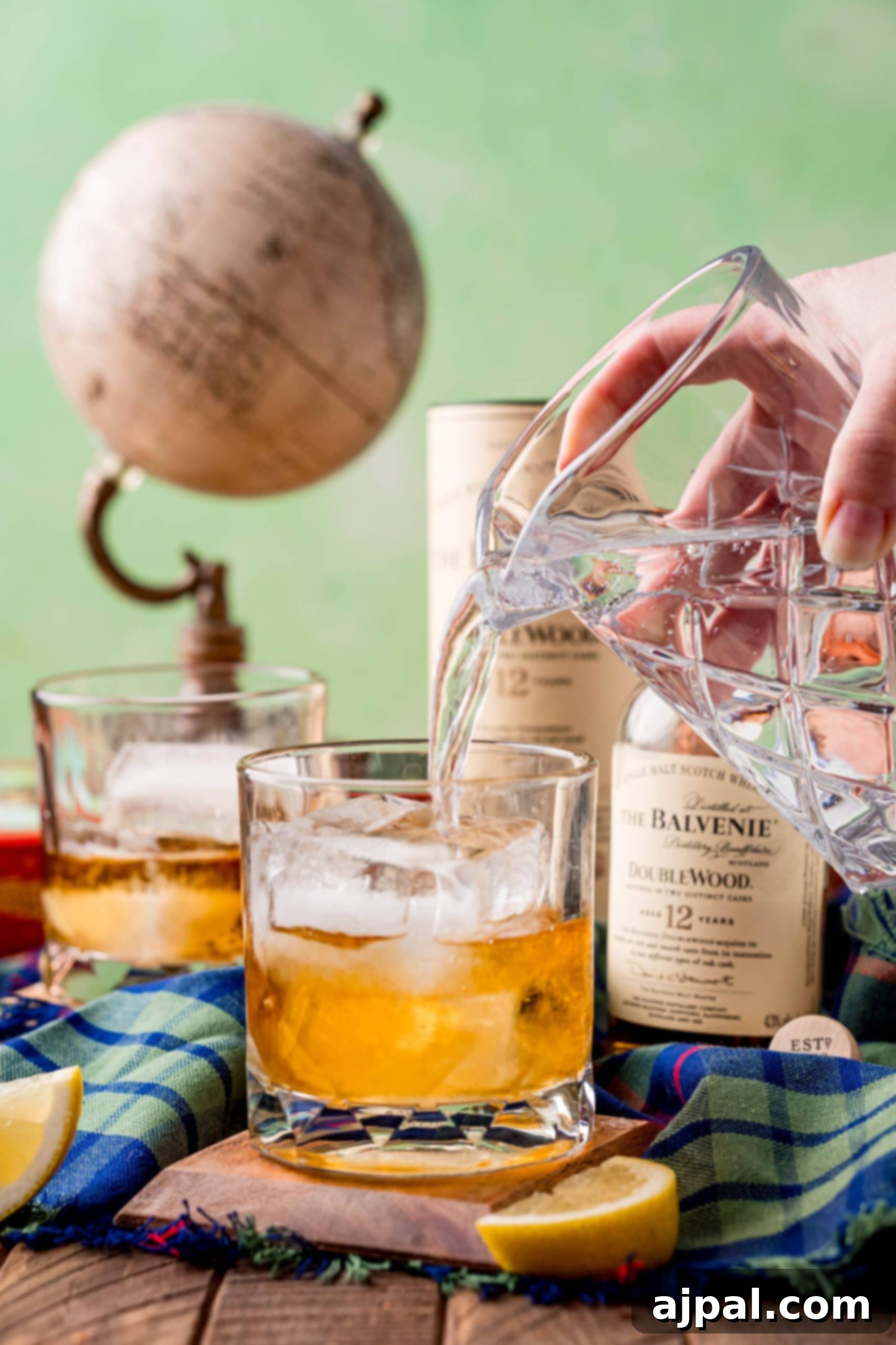 A person preparing a Scotch and Soda by pouring whisky into a glass.