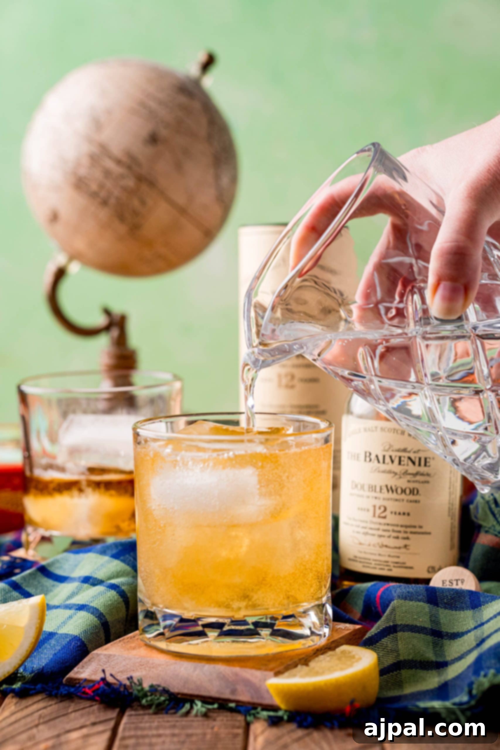 A person preparing a scotch and soda drink.