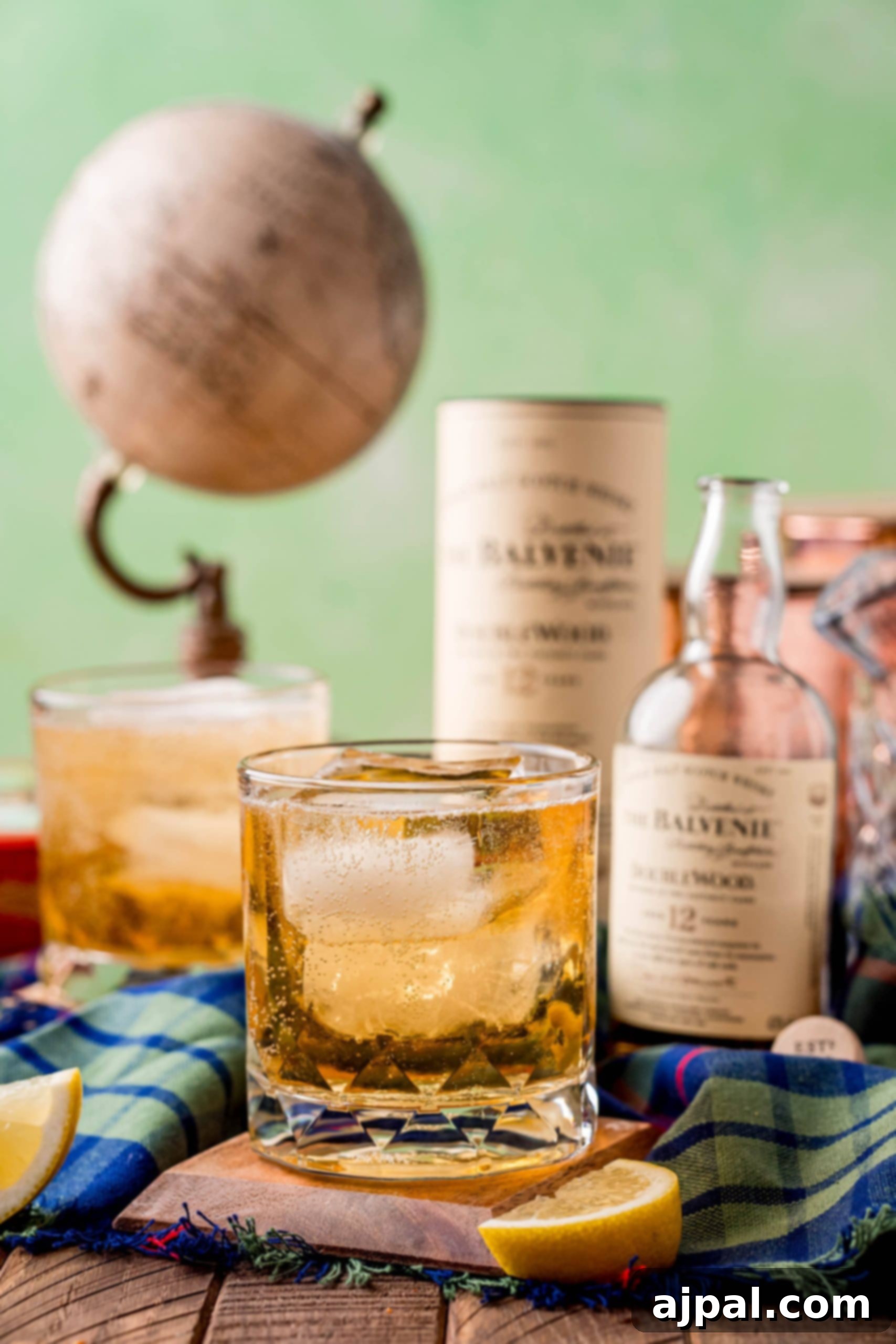 A glass of scotch whisky on a wooden table, perfect for enjoying a classic scotch and soda.