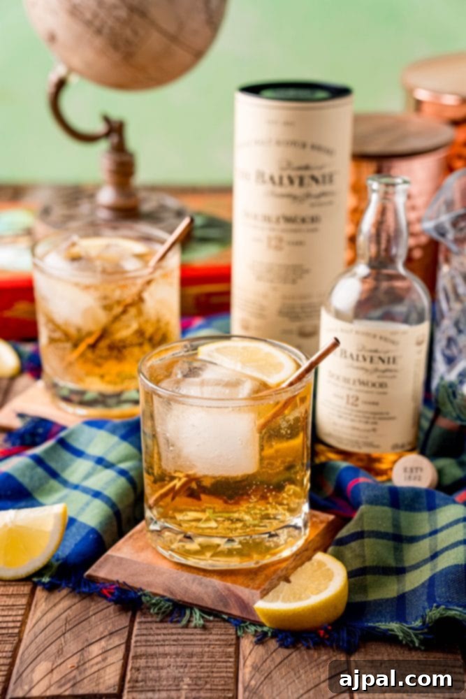 A glass of scotch with ice and lemon wedges on a wooden table, emphasizing the refreshing qualities.
