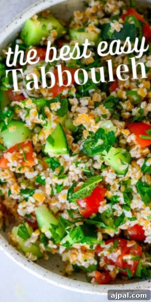 Picture of tabbouleh with text 'the best easy tabbouleh' laid over the picture, a perfect visual for sharing.