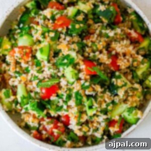 An easy tabbouleh salad made with tomatoes and cucumbers