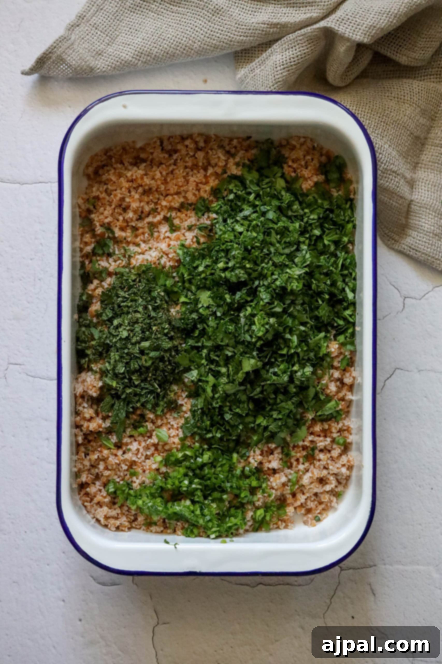 picture of bulgur with finely minced parsley mint and green onion