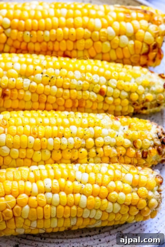 Perfectly air-fried ears of corn resting on a rustic plate, ready to be enjoyed.