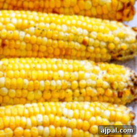 Grilled corn on the cob with some kernels charred from cooking in the air fryer.