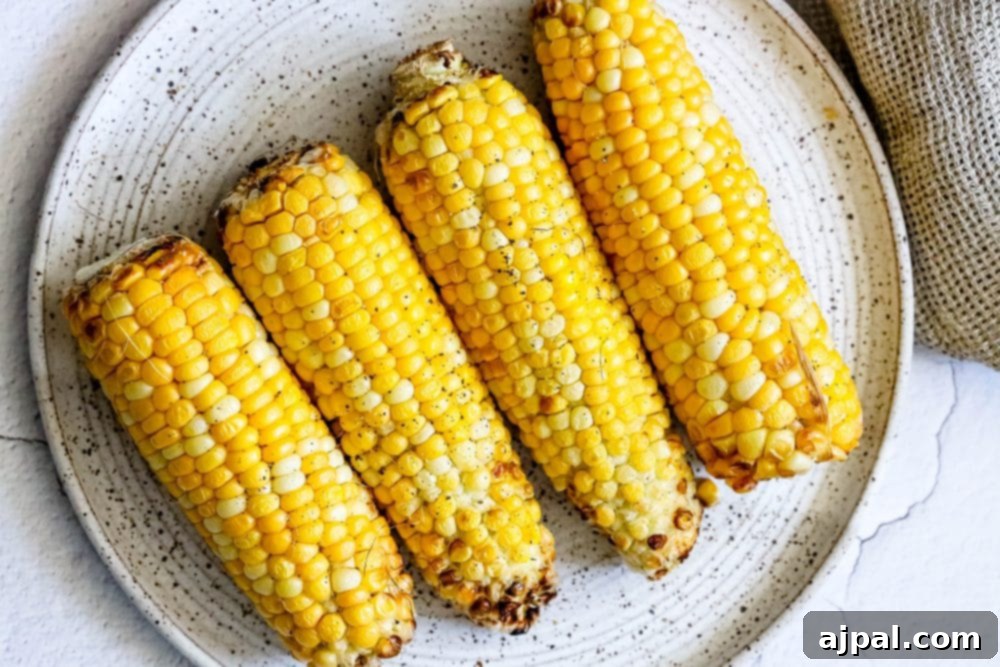 A beautifully plated ear of air-fried corn on the cob, ready to be served.