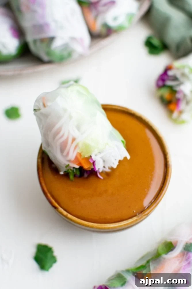 Crispy vegetable spring rolls paired with a bowl of delicious peanut dipping sauce.
