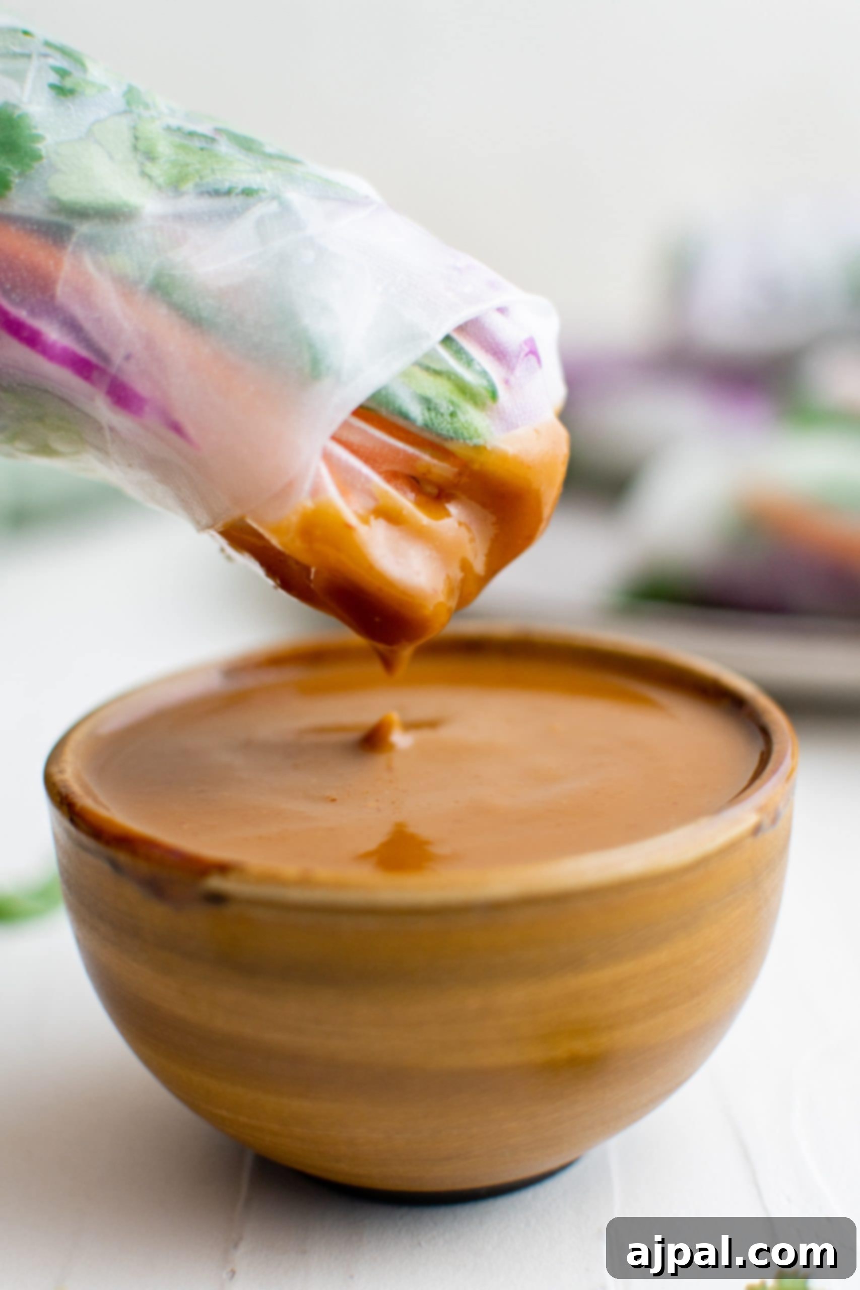 A bowl of vegan dipping sauce being poured over a bowl of vegetable spring rolls.