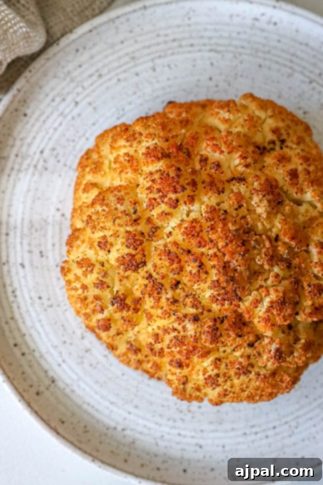 picture of whole roasted cauliflower head on a plate