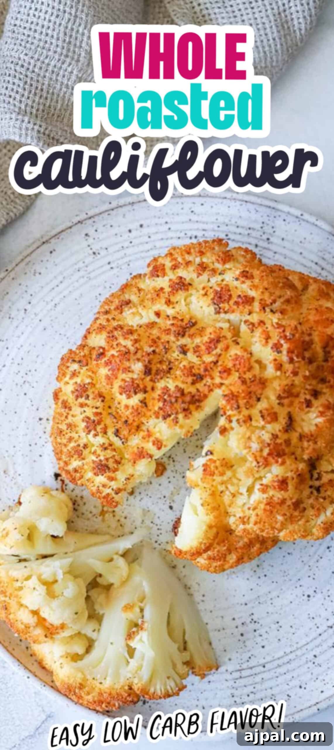 Easy whole roasted cauliflower on a plate.