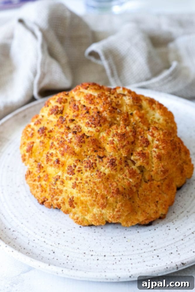 whole roasted cauliflower head on a plate